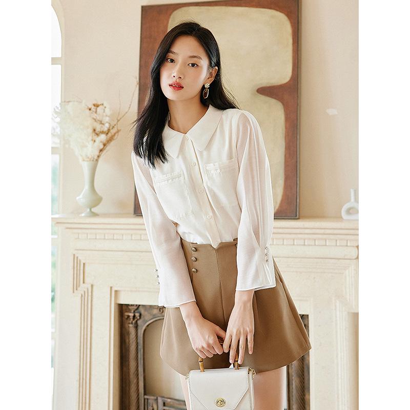 French Lapel Nine-Sleeve Solid Color Women s Shirt - 2026 Early Spring Chic Fashion Top S бежевый