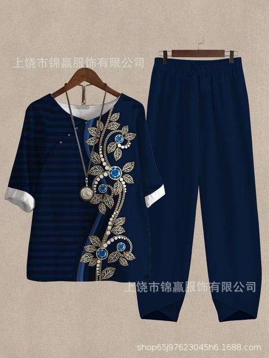Spring and summer national style bamboo leaf plant printed women's clothing, breathable round neck medium sleeve top, elastic waist loose eight-point