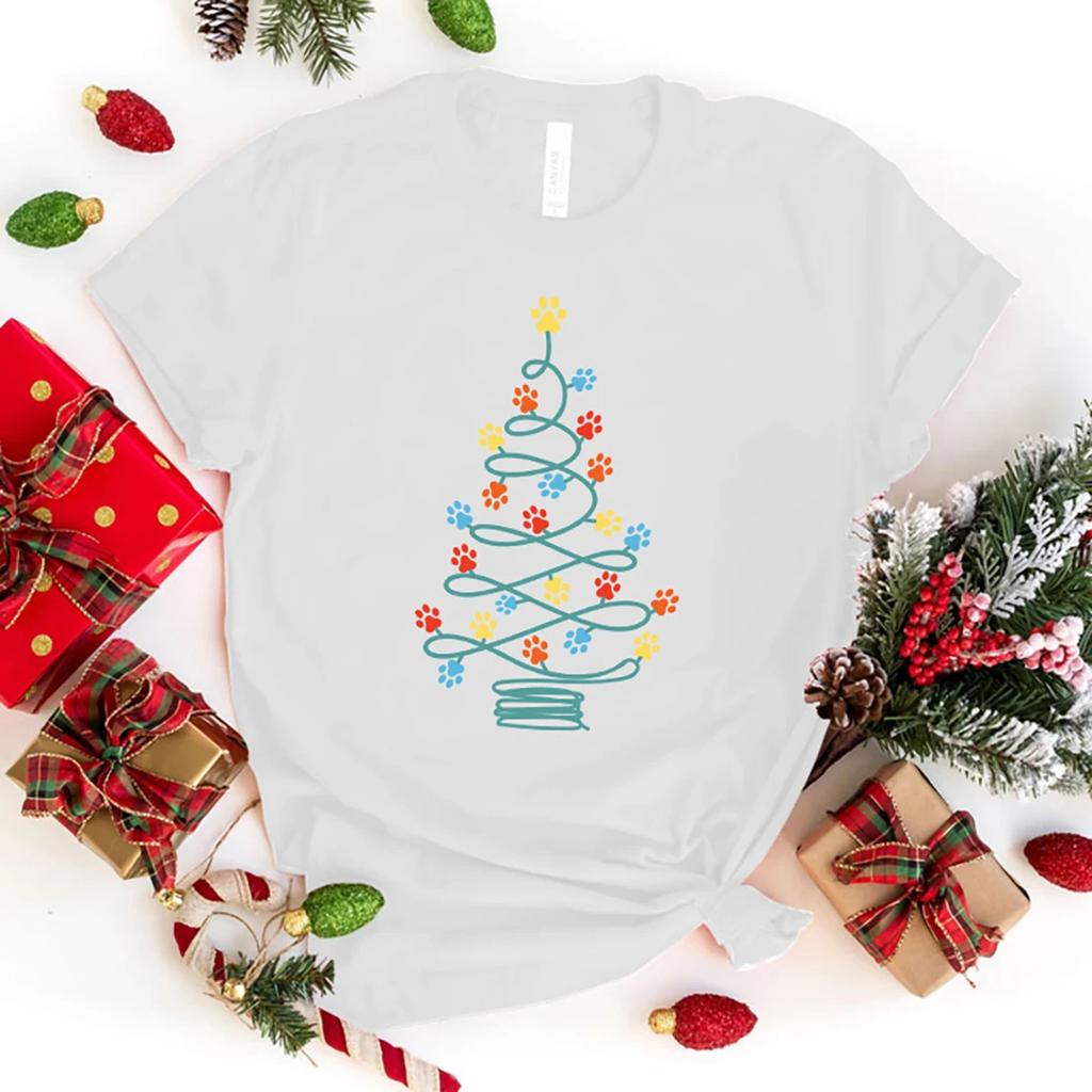 Christmas Dog Print Tree Print T Shirt Short Sleeve O Neck Loose Women Summer Cool Tshirt Ladies Tee Shirt Tops Clothes