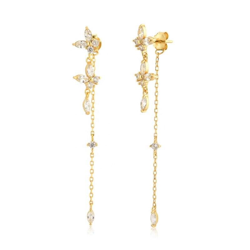 2PC Stainless Steel Zircon Tassel Chain Dangle Earrings For Women Fashion Gold Color Butterfly Pandent Earring Piercing  Jewelry