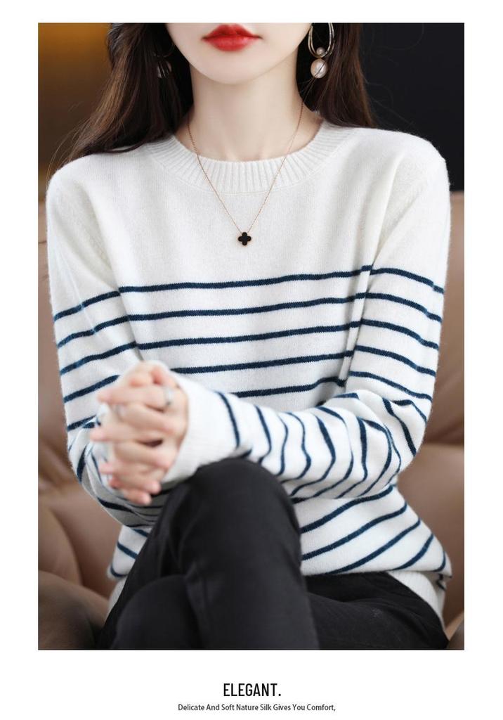 Women's Wool Round Neck Sweater - Autumn/Winter Striped Loose Knit Base Layer