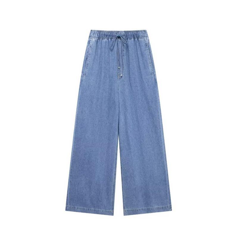 2025 Euro-American Style Denim Open Collar Top & High Waist Wide Leg Pants Set