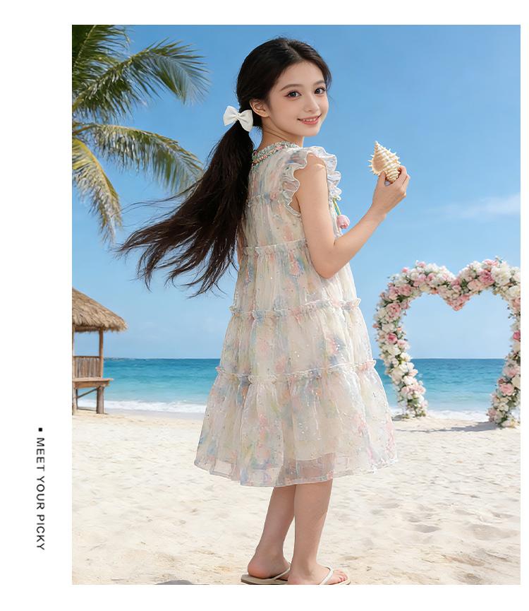 Girls' Summer Tank Top Skirt 2026 New Style Children's Sweet Little Girl Seaside Sprinkle Silver Flower Flying Sleeve Dress