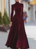 Elegant Gold Velvet High Collar Puff Sleeve Cinched Waist Long Dress for Autumn & Winter