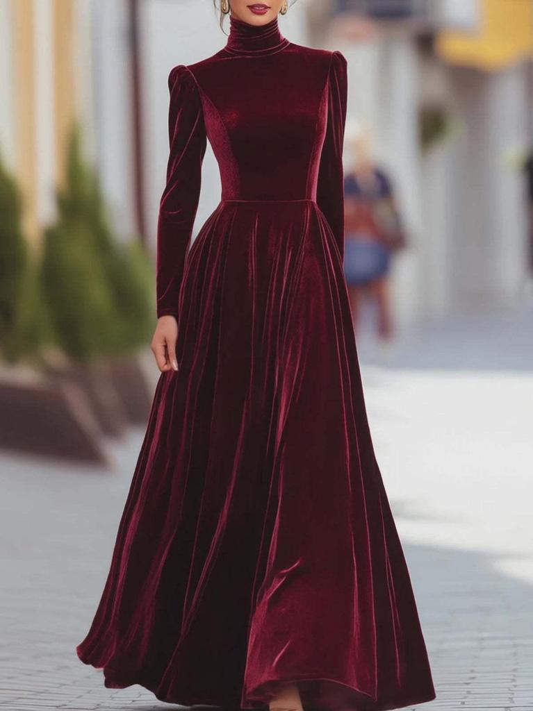 Elegant Gold Velvet High Collar Puff Sleeve Cinched Waist Long Dress for Autumn & Winter
