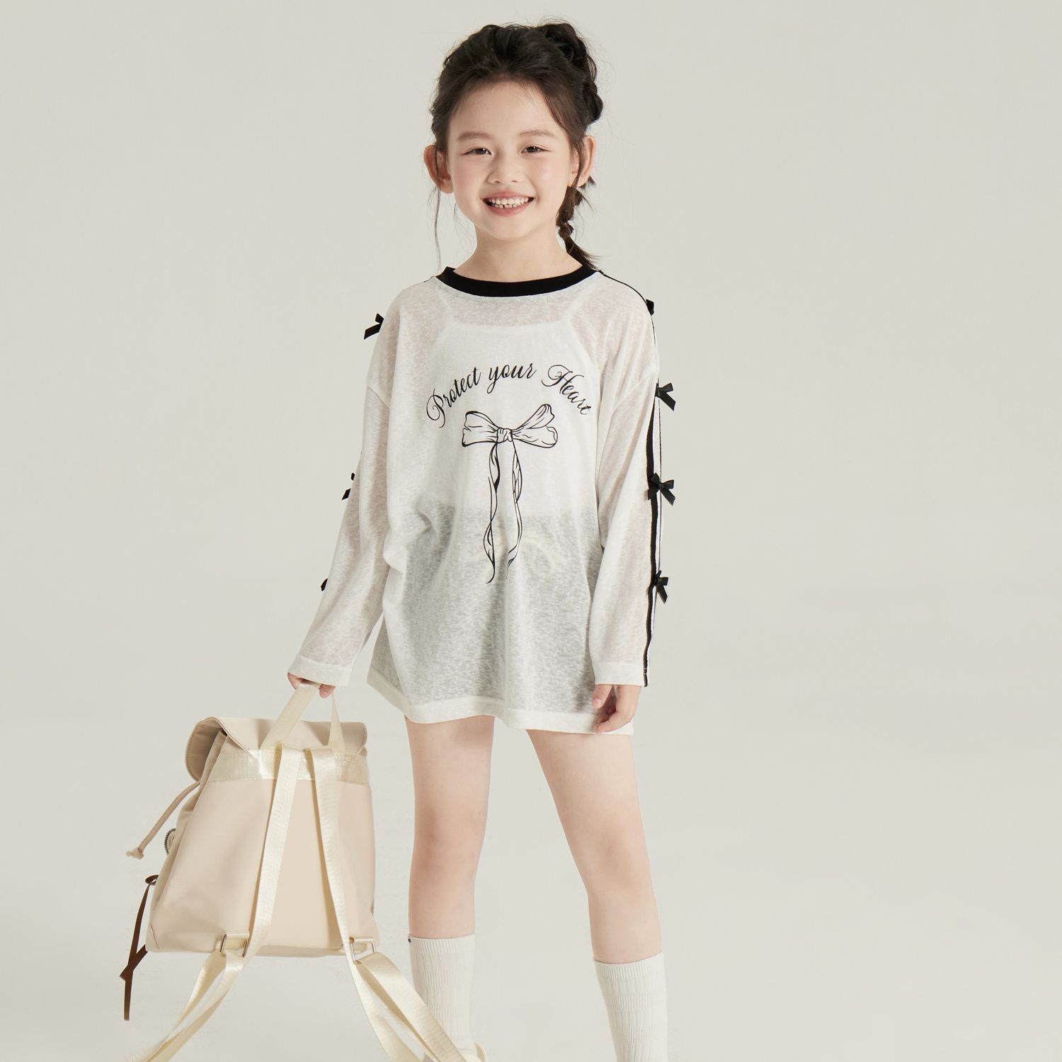 Girls Long Sleeve Lightweight Sun Protection T Shirt with Bow for Summer 110