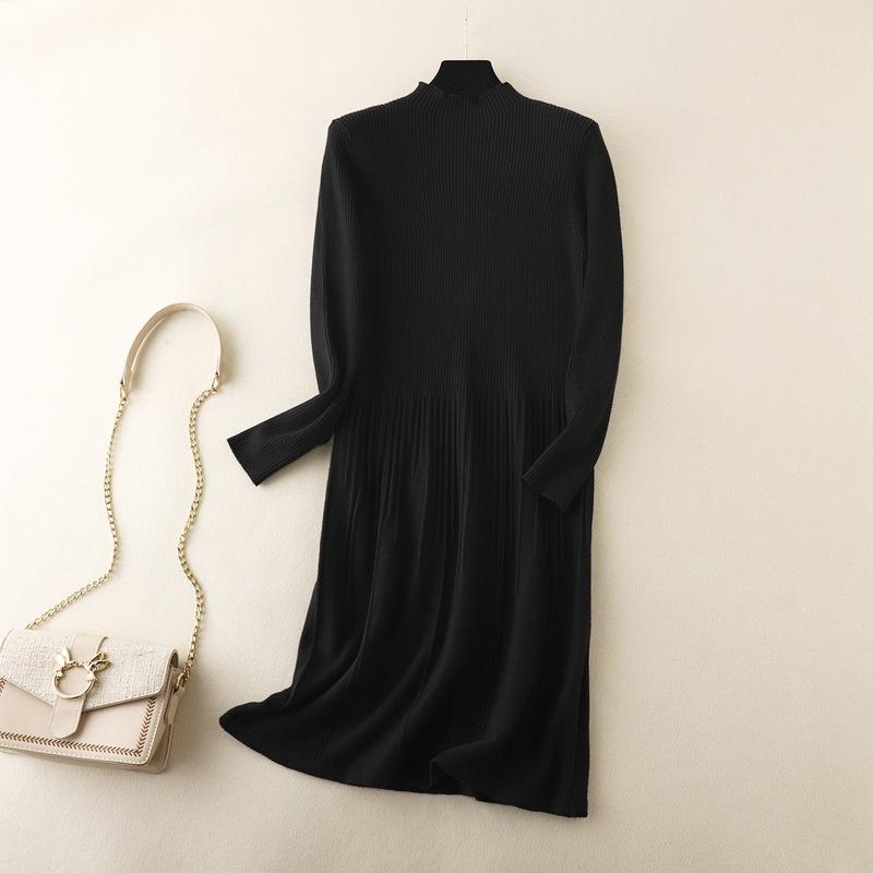 Dámské jednobarevné plisované úplety s dlouhým rukávem do O Neck Podzim Zimní ležérní svetrové šaty