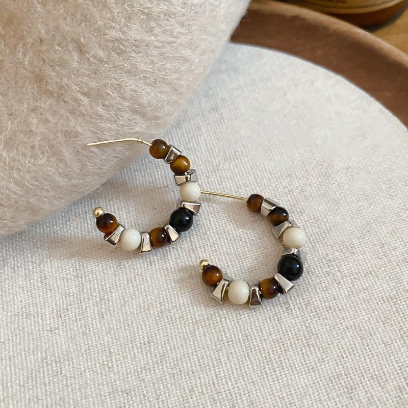 Silver Needle Explosive Tiger's Eye Stone Pendant Earrings Maillard Retro Temperament Versatile Earrings Light Luxury Premium Earrings Women