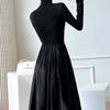 French Style Black A-Line Dresses Women Elegant High Waist Long Sleeve Midi Dress Autumn Winter Slim Fit Maxi Dress