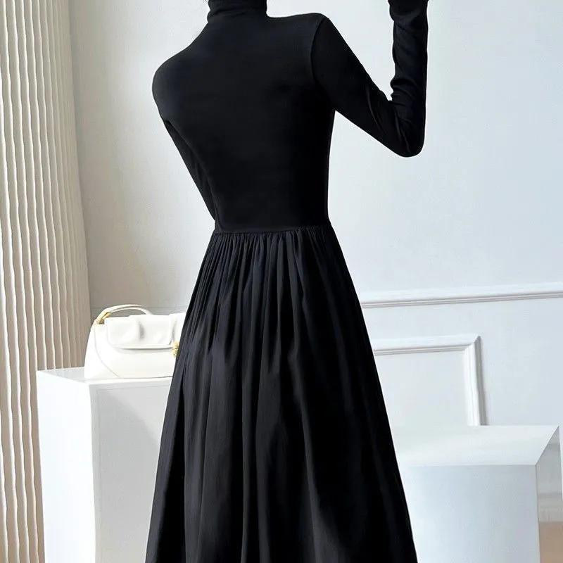 French Style Black A-Line Dresses Women Elegant High Waist Long Sleeve Midi Dress Autumn Winter Slim Fit Maxi Dress