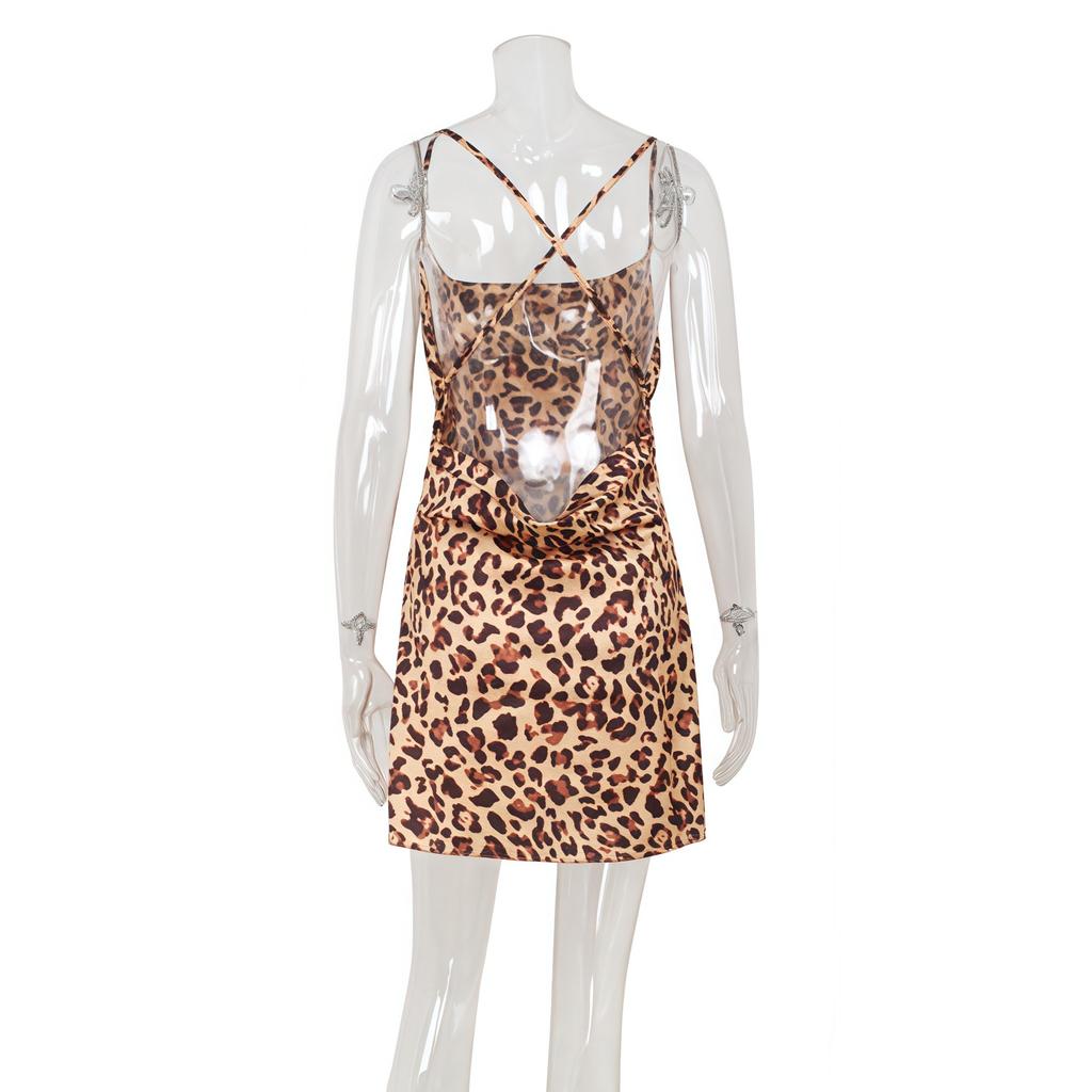 Sexy Women's Clothing European and American Style Fashion Leopard Print Swing Collar Backless Slim Holiday Style Suspender Dress