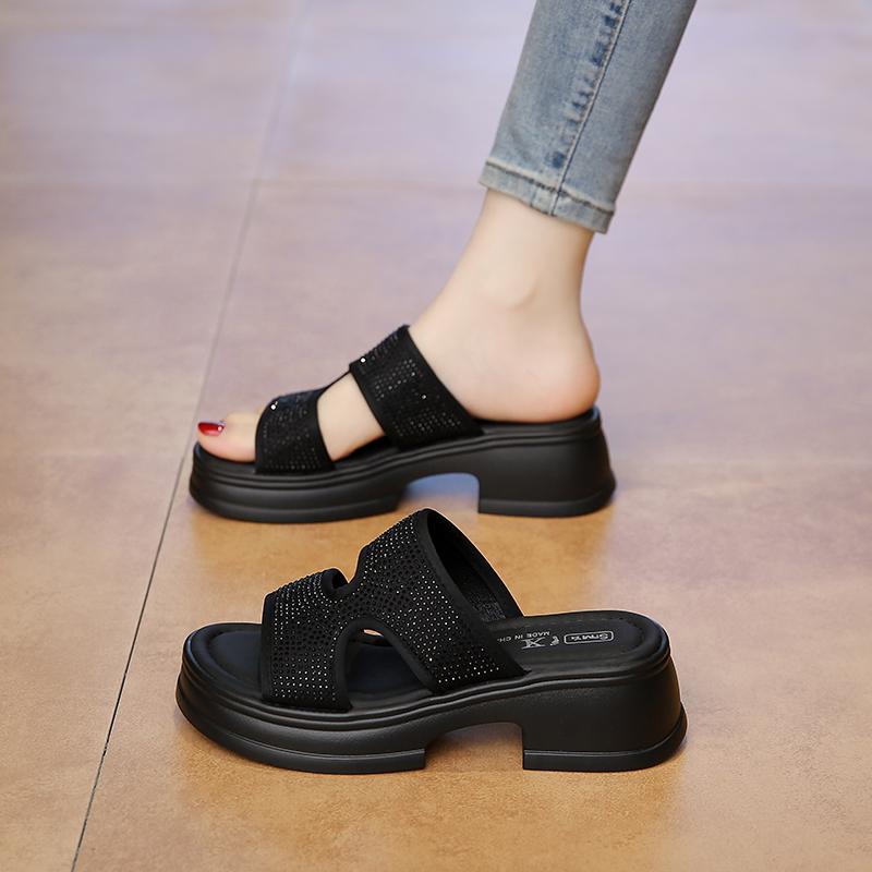 

Fashion CRLAYDK Fashion Women s Rhinestone Sandals Chunky Platform Mules Slip On Block Heels Shoes Strap Low Heeled Dress Slippers 40