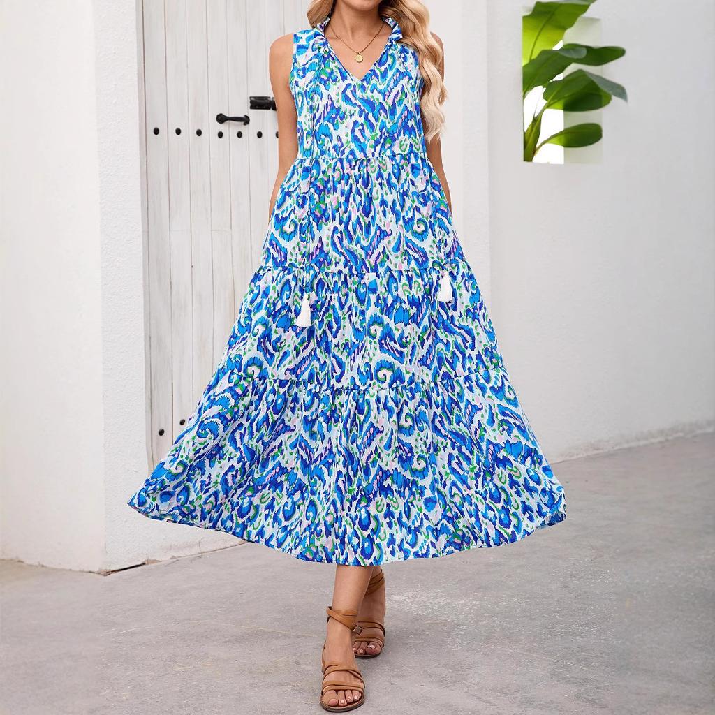 European and American summer printing new holiday style fashion sleeveless dress