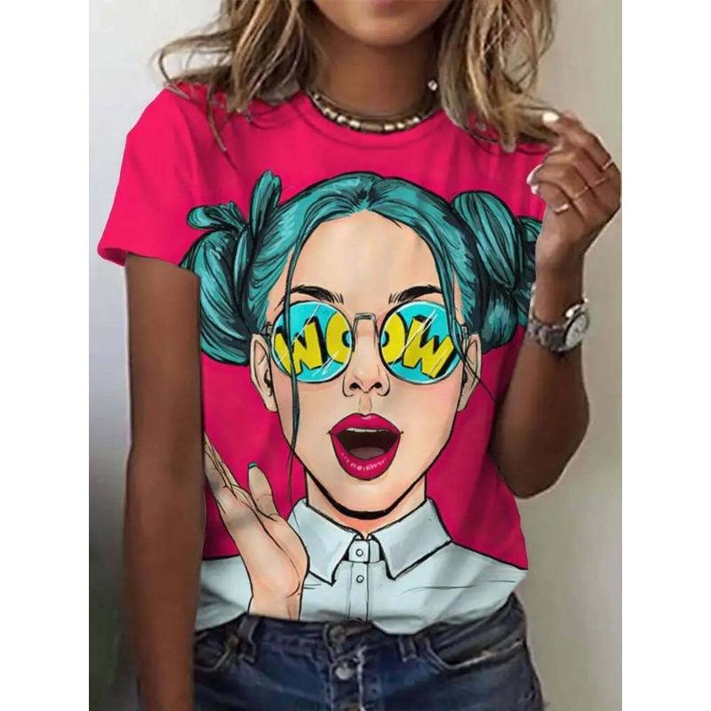 

Women s round Neck Short Sleeve T-shirt Animal Print 3D Printing Street Style Loose Fit Summer Casual Wear Polyester Material S