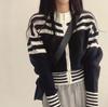 Korean Chic Autumn French Retro Zipper Stand Up Collar Waist Cinching Short Style Long Sleeved Striped Knit Sweater Jacket for Women