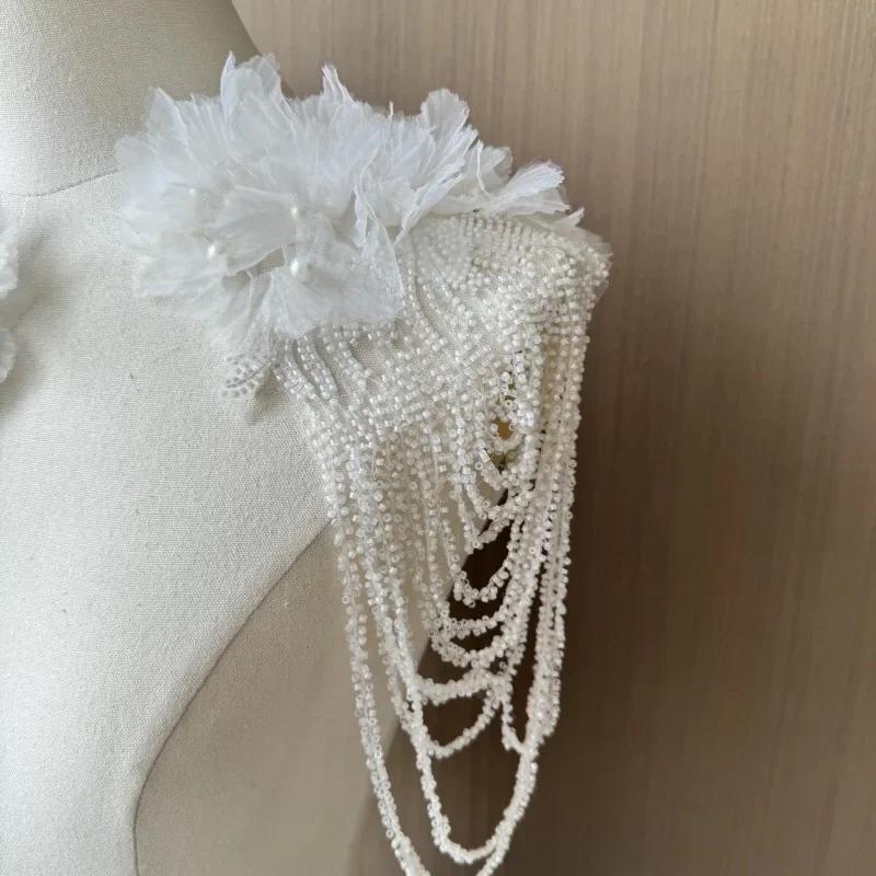 

1 шт. Бусины Кисточка Цепочка Сетчатые Цветы Наплечные Украшения DIY Свадебное Платье Одежда для Выступлений Декор Модная Вышитая Нашивка белый