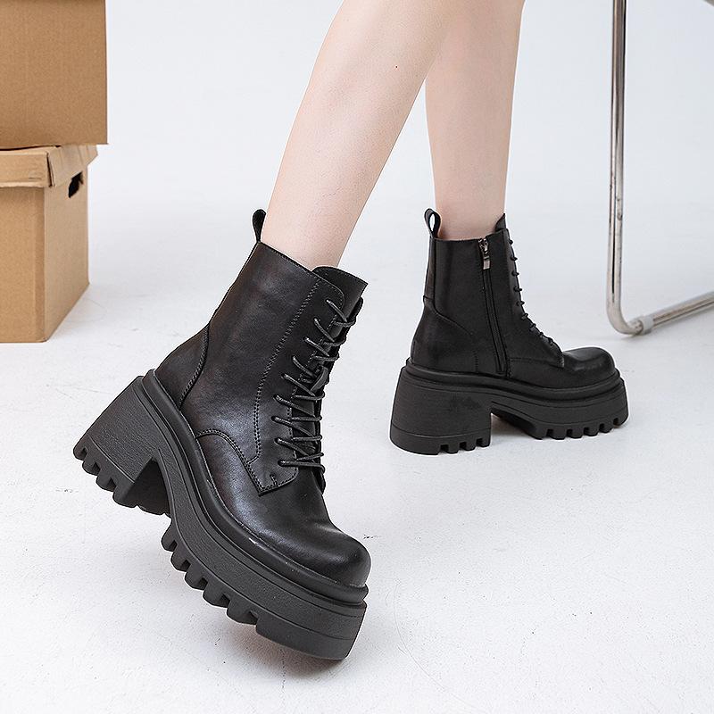 

Retro Martin boots autumn and winter new 2025 women s leather boots solid color simple fashion thick-soled medium tube round head leather boots 40