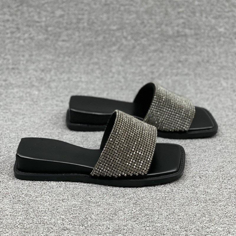 European Station Women's Shoes 2025 Summer New European Products Laikab Rhinestone Slope Heel Open Toe One-word Slippers Women