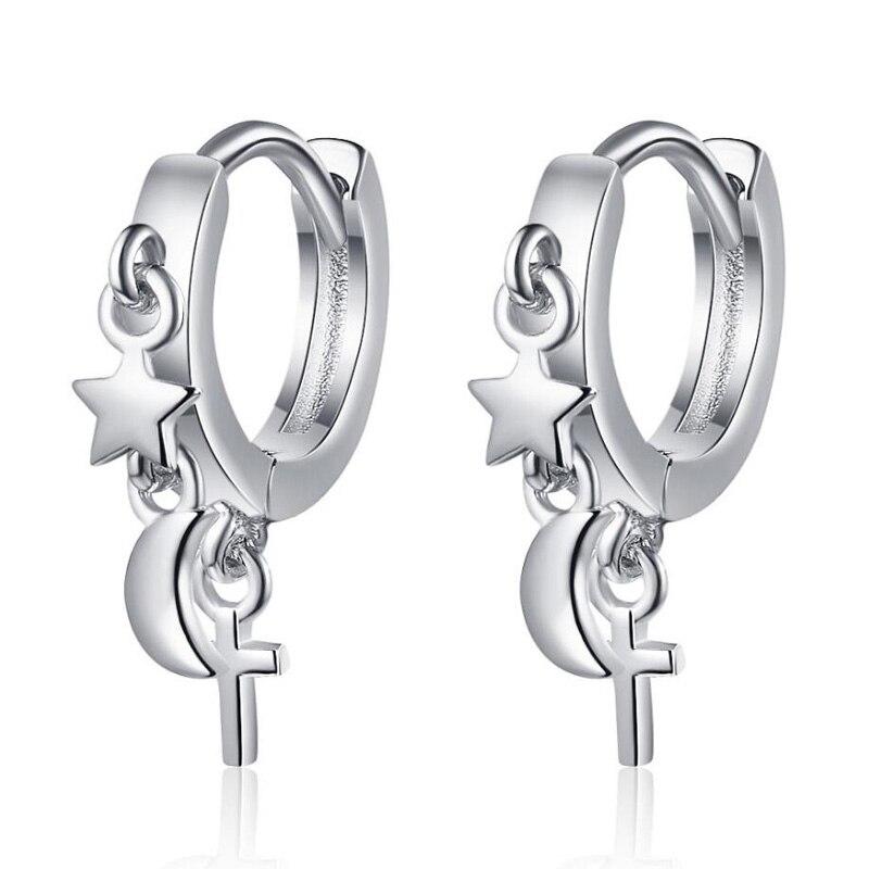 Trendy 925 Sterling Silver Earrings For Women Creative Moon Star Vintage Cross Hoops Jewelry Girl Accessories Party Gift