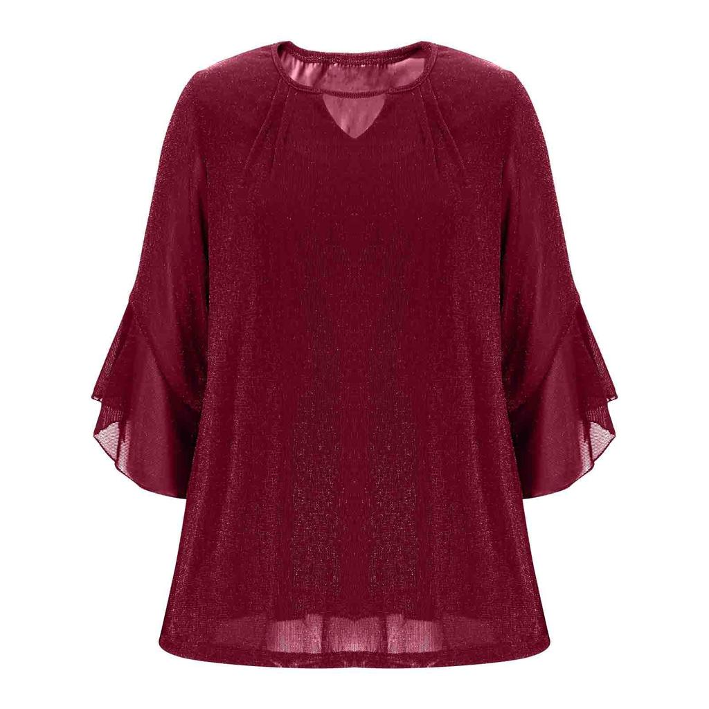 Women's Elegant Ruffled Shiny Stamped Seven-Sleeve Double Layer Mesh Top