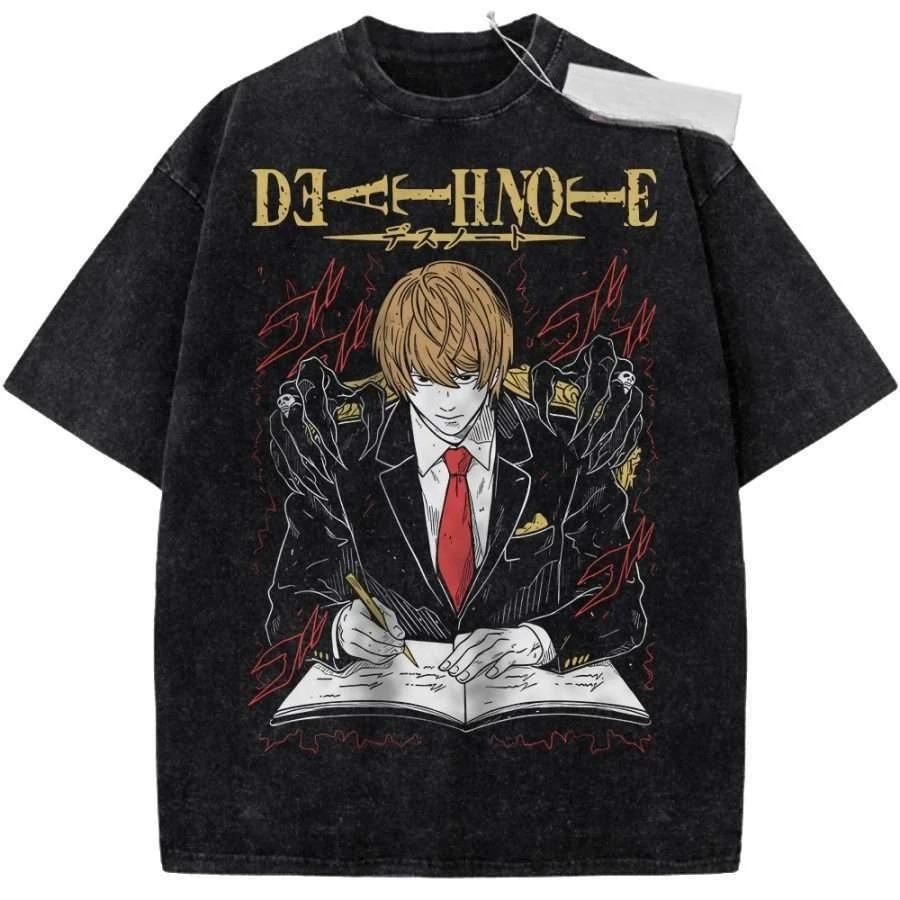 Death Note Manga Series Character Collage Graphic Oversized Vintage Washed Streetwear T-Shirt Top for Anime & Manga Fans