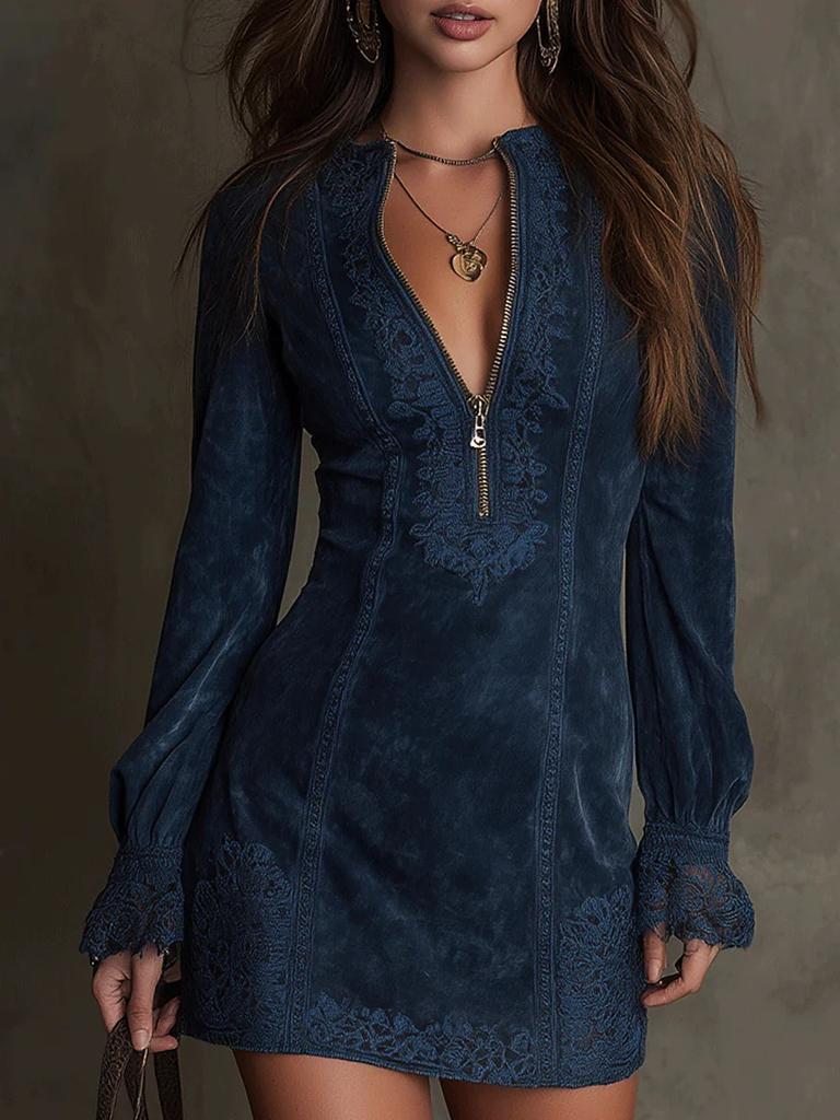 Women'S Zipper Lace Splicing V-Neck Long Sleeve Loose Embroidered Dress