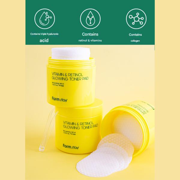 FARM STAY Vitamin & Retinol Glowing Toner Pad (140ml / 4.73 Fl.oz., 70 Pads)  (3 Options)