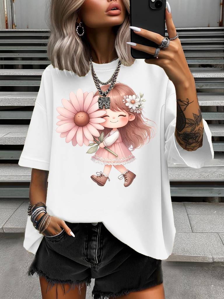 Maglietta da donna taglie forti stampata con fiorellini per bambina, top casual da donna a girocollo a maniche corte