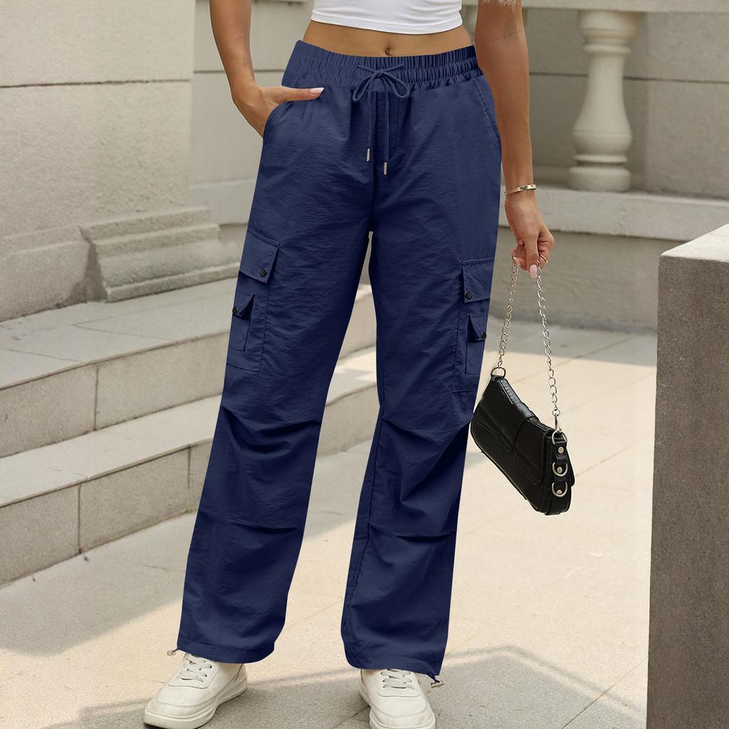 Women's Fashion Solid Color High Waist Drawstring Loose Multi Pocket Strap Casual Pants
