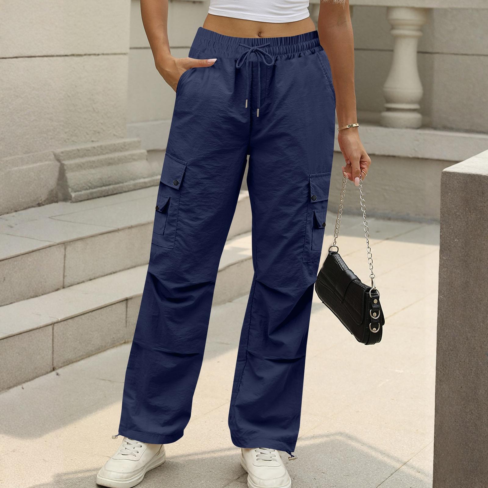 

Women s Fashion Solid Color High Waist Drawstring Loose Multi Pocket Strap Casual Pants L тёмно-синий