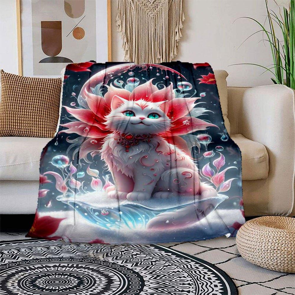 

Enchanted Floral Fantasy Cat Art Print Blanket Flannel Throw Blanket for Sofa, Bed, Travel, Camping, Office, Couch, Chair, And Bed Gift for 150x180cm