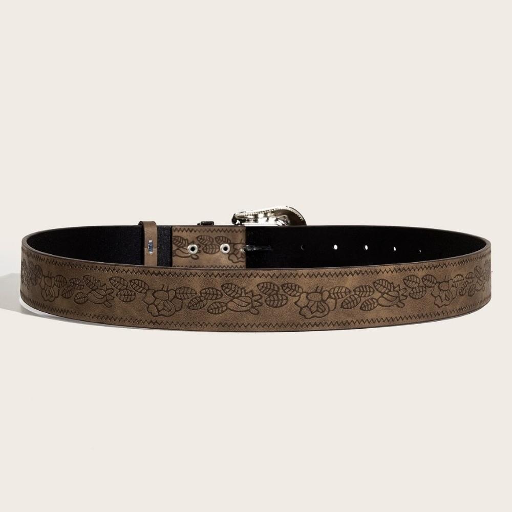 Fashion Hip Hop Y2K Pattern Belt Adjustable Engraved Rose Pattern Western PU Leather Belt Waist Belt Women Jeans Decoration