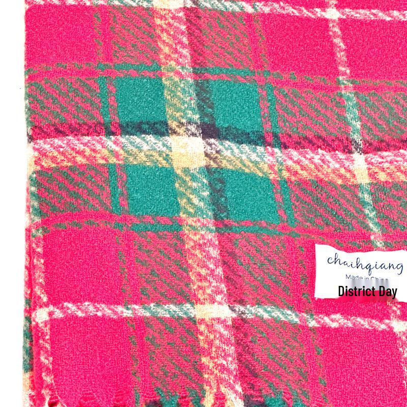 Korean Style Women's Red Plaid Winter Scarf - Thick, Warm Neckerchief, Perfect Christmas Gift for Students, 2024