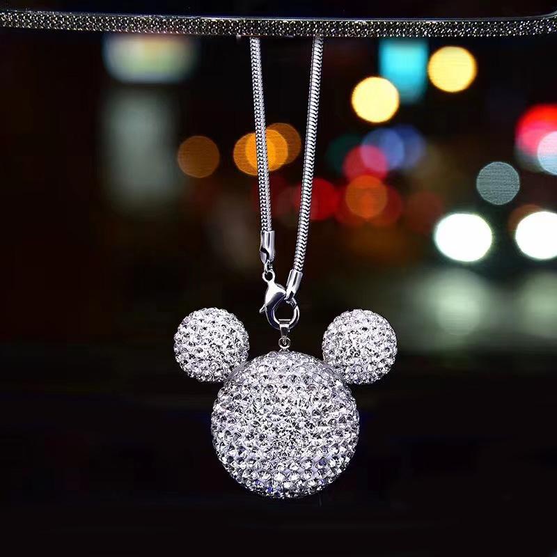 Rhinestone Crystal Ball Car Pendant Cute Cartoon Animal Bling Car Mirror Hanging Accessories Girls Women Car Interior Decoration