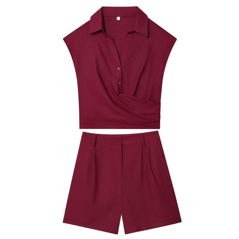 Kaslead New Women Clothes Western Style Blended Double Placket Top Casual Shorts 8026709 8249709