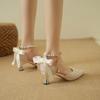 Elegant French Pearl Small High Heels Women's Pointed Toe Shoes New 2024 Autumn Fresh Style Single Shoes Bow Decoration