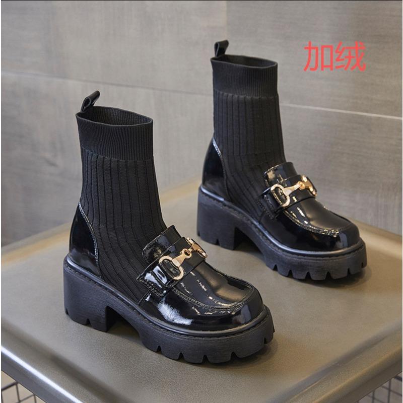 Black high-heeled short boots thick-heeled loafers boots integrated with wide-leg pants skirt shoes with socks Martin boots