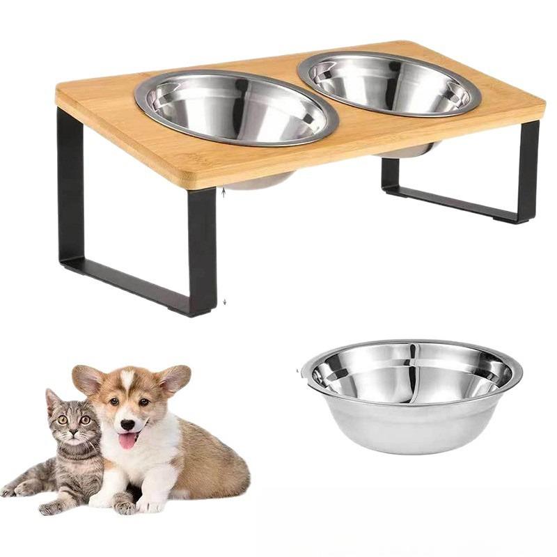 Wooden Pet Bowl Stand Ironwood Combined Double Bowl Cat and Dog Food Bowl Rack Heightened Cervical Protection Feeding Device