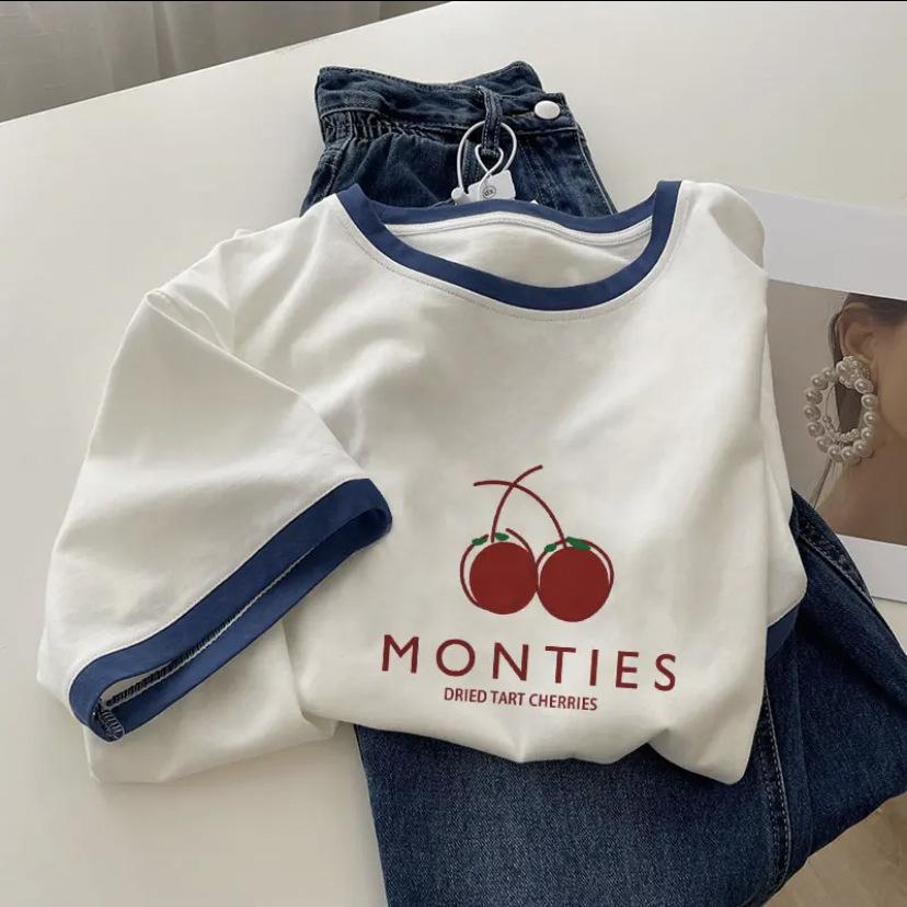 Czysta bawełna, biały t-shirt damski z krótkim rękawem, letni design, niszowy, w kontrastowym kolorze, w stylu Hong Kongu, szykowny top z bazą