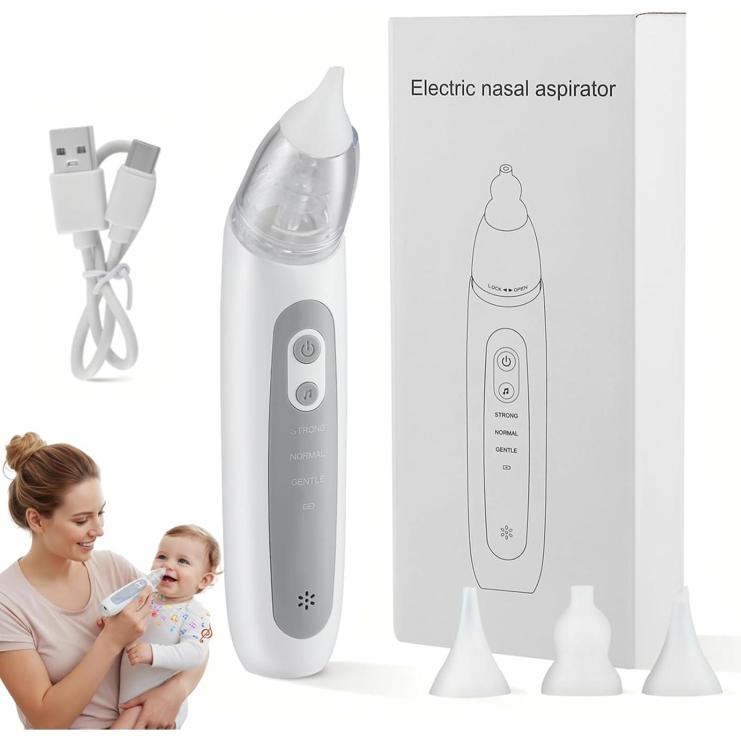 

Electric Nasal Aspirator for Babies 3 Suction Levels, 3 Silicone Nozzles, Rechargeable & Portable Nose Cleaner with Soothing Lullaby сірий