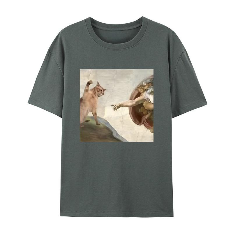 Mythical Oil Painting Cat Funny Fun White Casual Tshirt Mens and Womens Luxury Brand Top