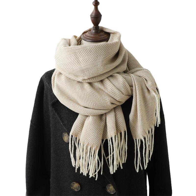 College Style Simple Korean Version Fashionable Versatile Warm Lengthened Imitation Cashmere Scarf Water Ripple Scarf Female Tassel