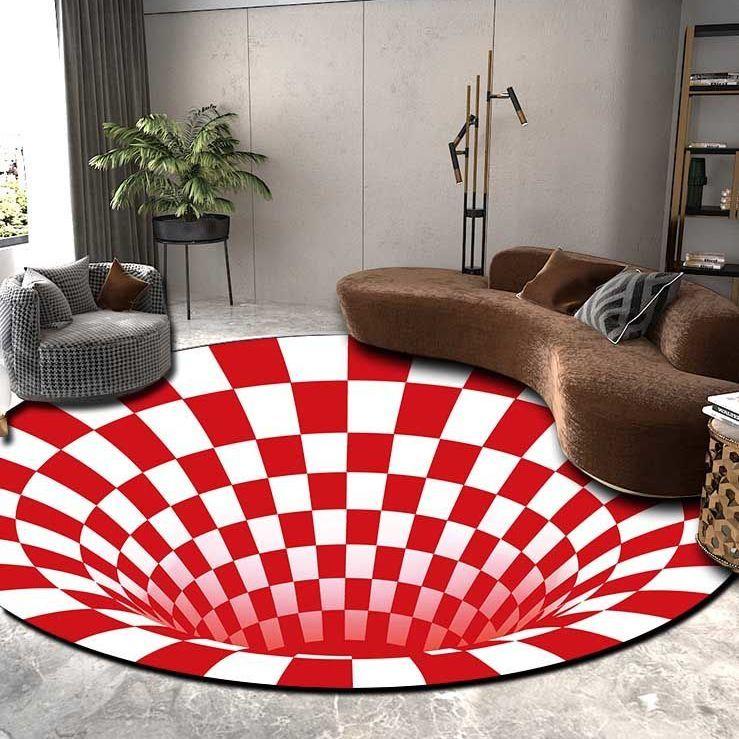3D Vortex Illusion Round Carpets for Living Room Decoration Black White Grid Carpet Large Area Rugs Bedroom Entrance Door Mat