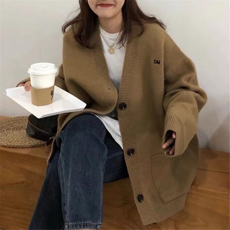 Retro lazy wind sweater jacket women's autumn new wear loose medium and long autumn and winter knitted cardigan