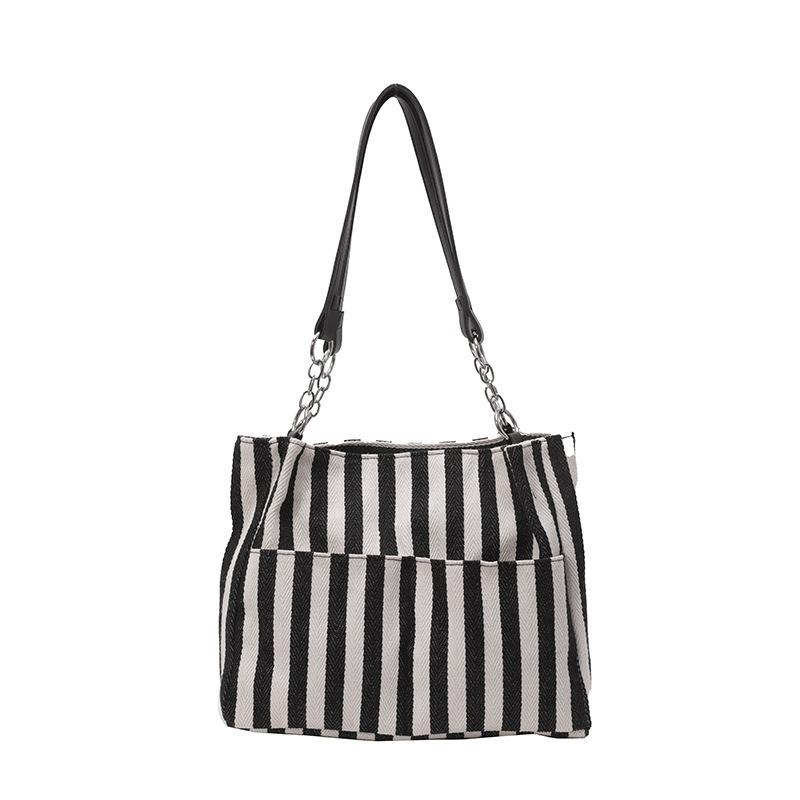 Large capacity contrasting striped tote bag retro literary and artistic portable canvas shoulder bag casual commuter bag