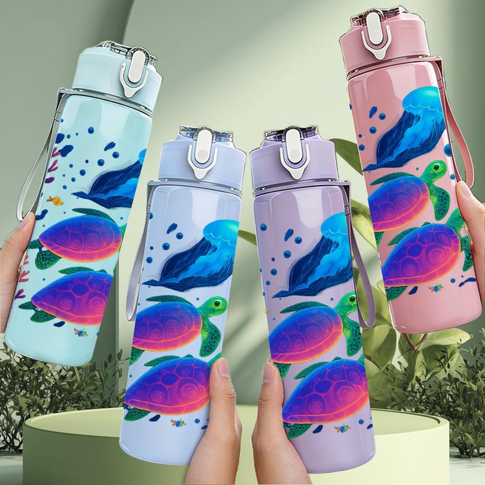 1PC Vibrant Tropical Fish Ocean Print 750ml Color Plastic Sports Water Bottle Leakproof Flip Straw Lid Suitable for Sports Office Home Use