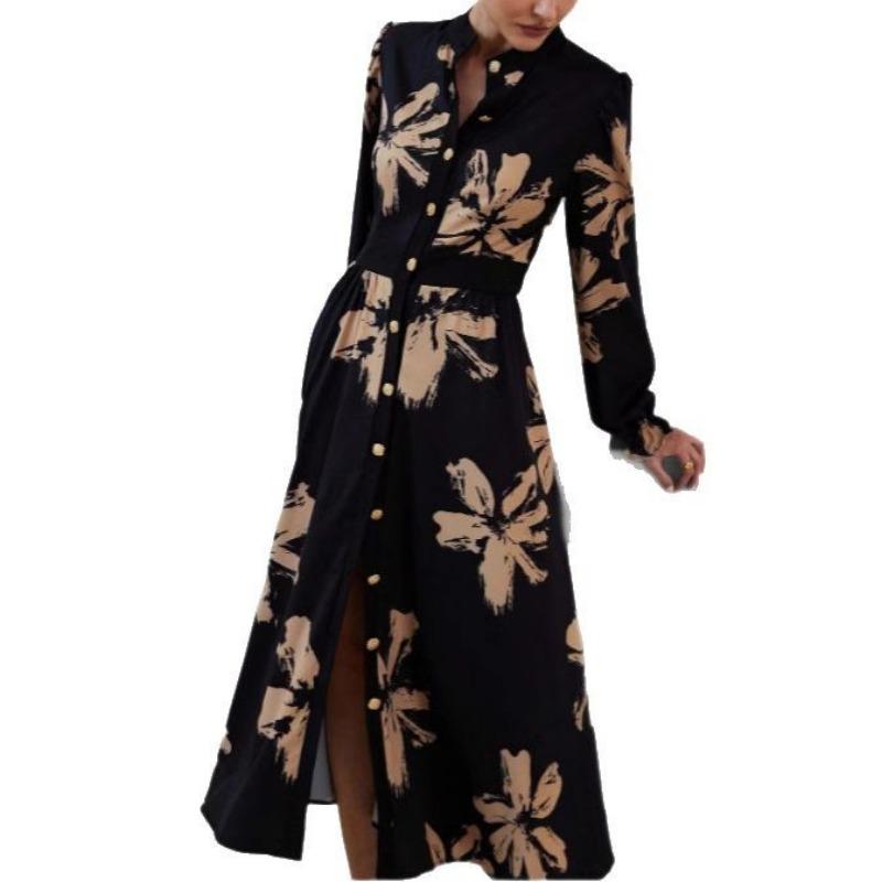 Damen Französisches Druckkleid V-Ausschnitt Langarm Taillenkleid