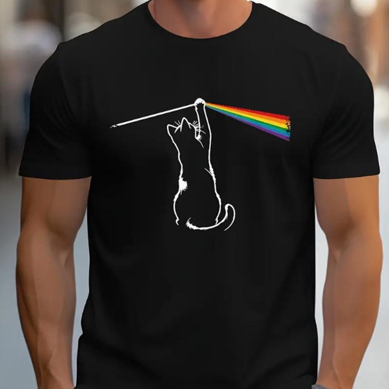 New Summer Men's Fashion T-shirt Personality Rainbow Cat Printed Men's T-shirt Top
