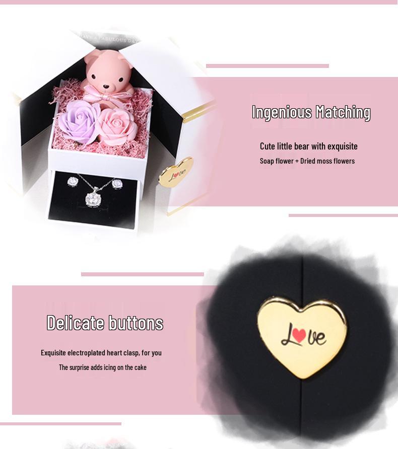 Little Bear Rose Necklace Box: Elegant Light Luxury Preserved Flower for Valentine's & Mother's Day