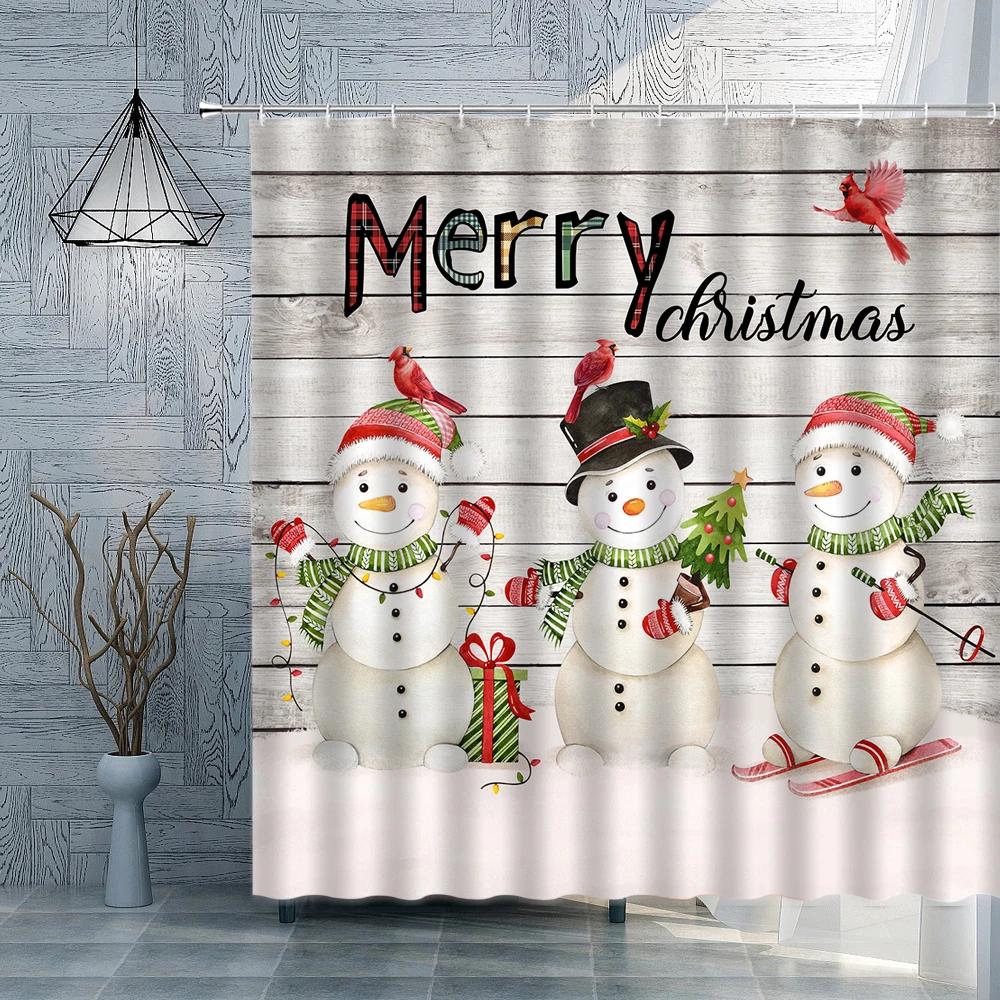 Christmas Shower Curtain Blue Xtmas Balls Snowflake Snowmen Gift Brid Winter Holiday New Year Fabric Bathroom Curtains Decor Set